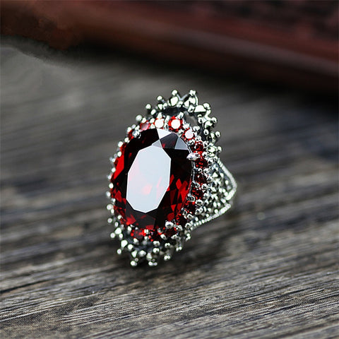 CharmFemale Big Ruby Red Ring Vintage 925 Sterling