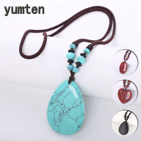 Yumten Turquoise Pendant Necklaces Long Women